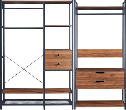 En casa conjunto de 2 percheros Larem - armarios abiertos efecto nogal - 2 barras - 4 cajones - estantes para dormitorio y vestidor-Casamyio