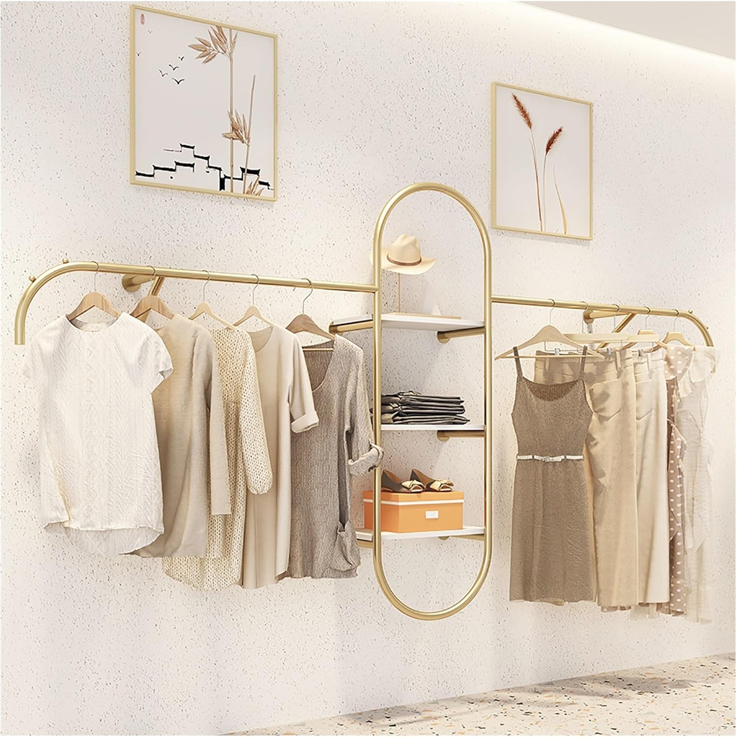 Perchero dorado de pared - barra para colgar ropa al por menor - estante de exhibición metálico resistente para tienda y vestidor-Casamyio