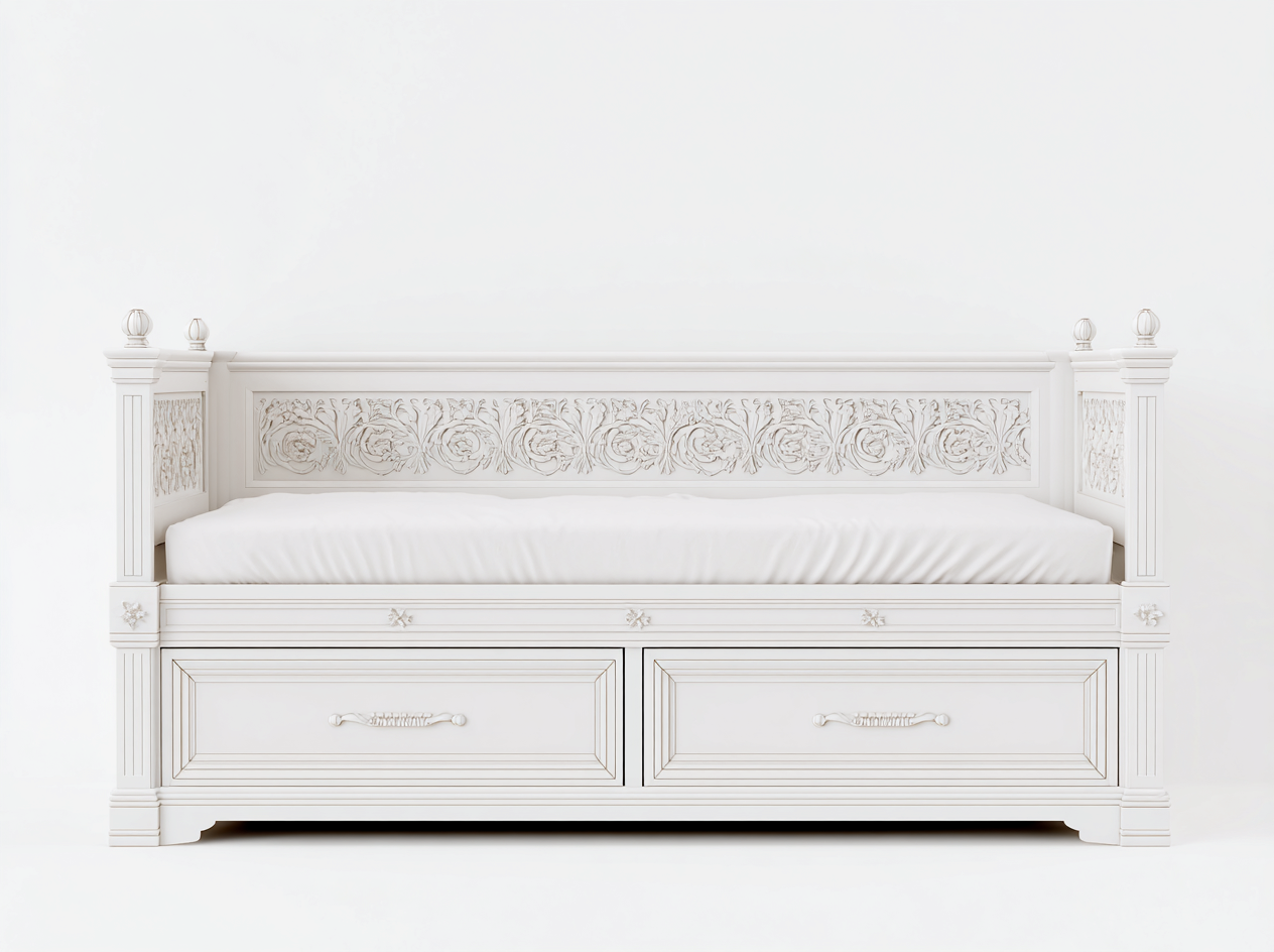 Sofás cama madera blanca tallada con cajones 200x90x95 cm - diseño clásico para sala de estar o dormitorio-Casamyio