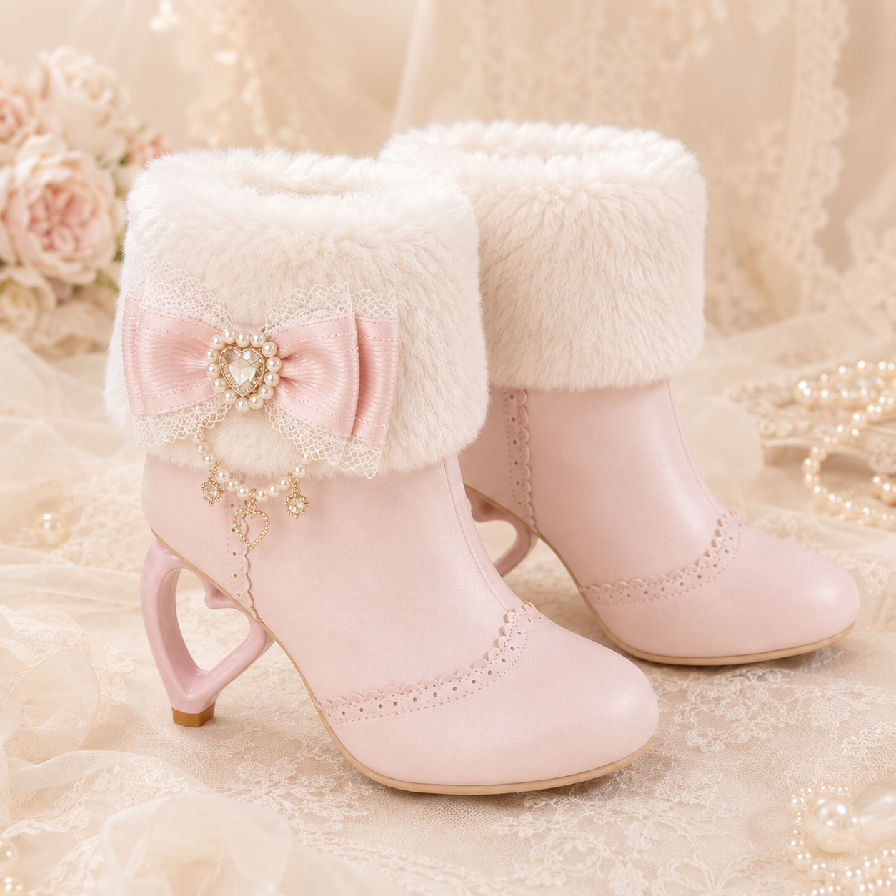 Pure Dream | Heart Heel Fluffy Bow Ankle Boots
