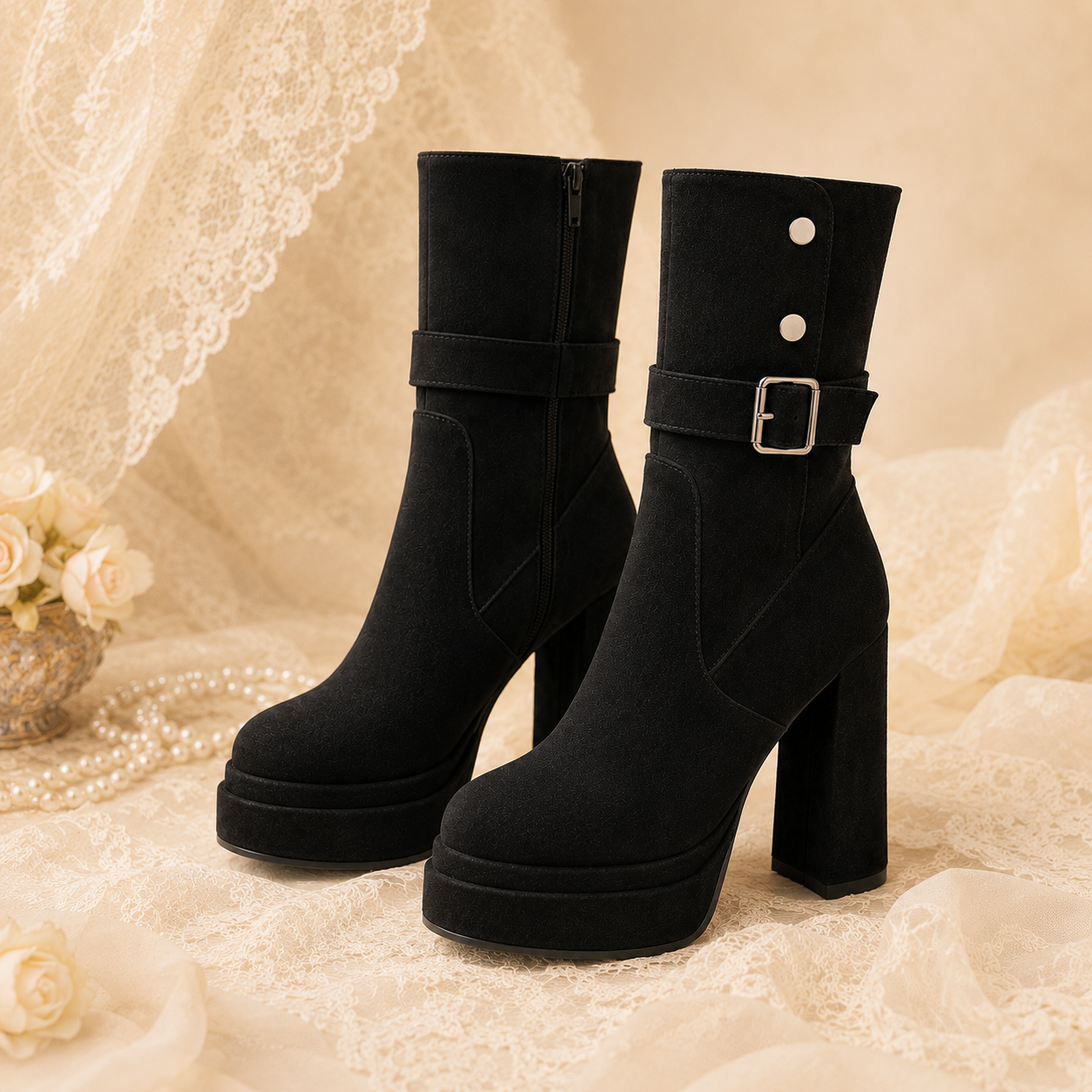 Midnight Rebel | Buckle-Strap Platform Suede Boots（Leg warmers not included）