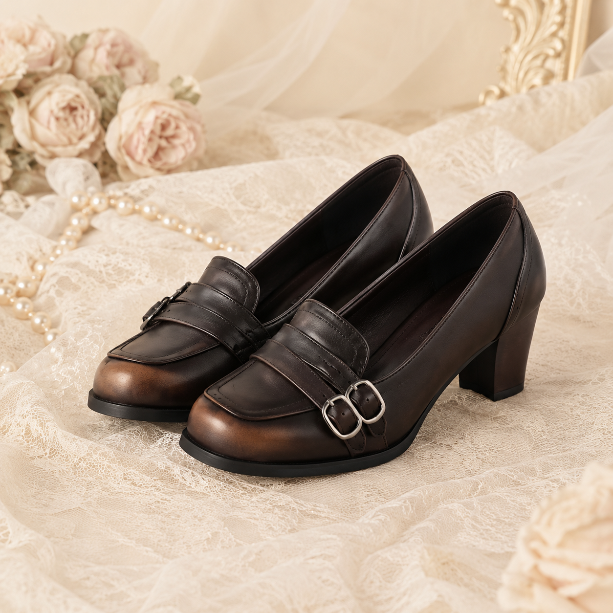 Vintage Librarian | Burnished Double-Buckle Heels