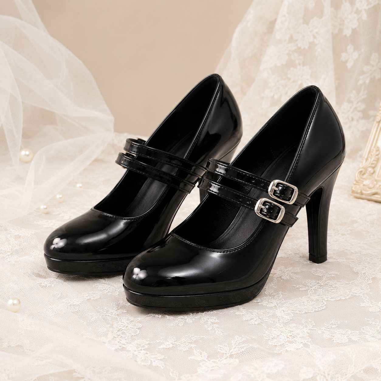 Dark Diva | Patent Double-Strap High Heel Pumps