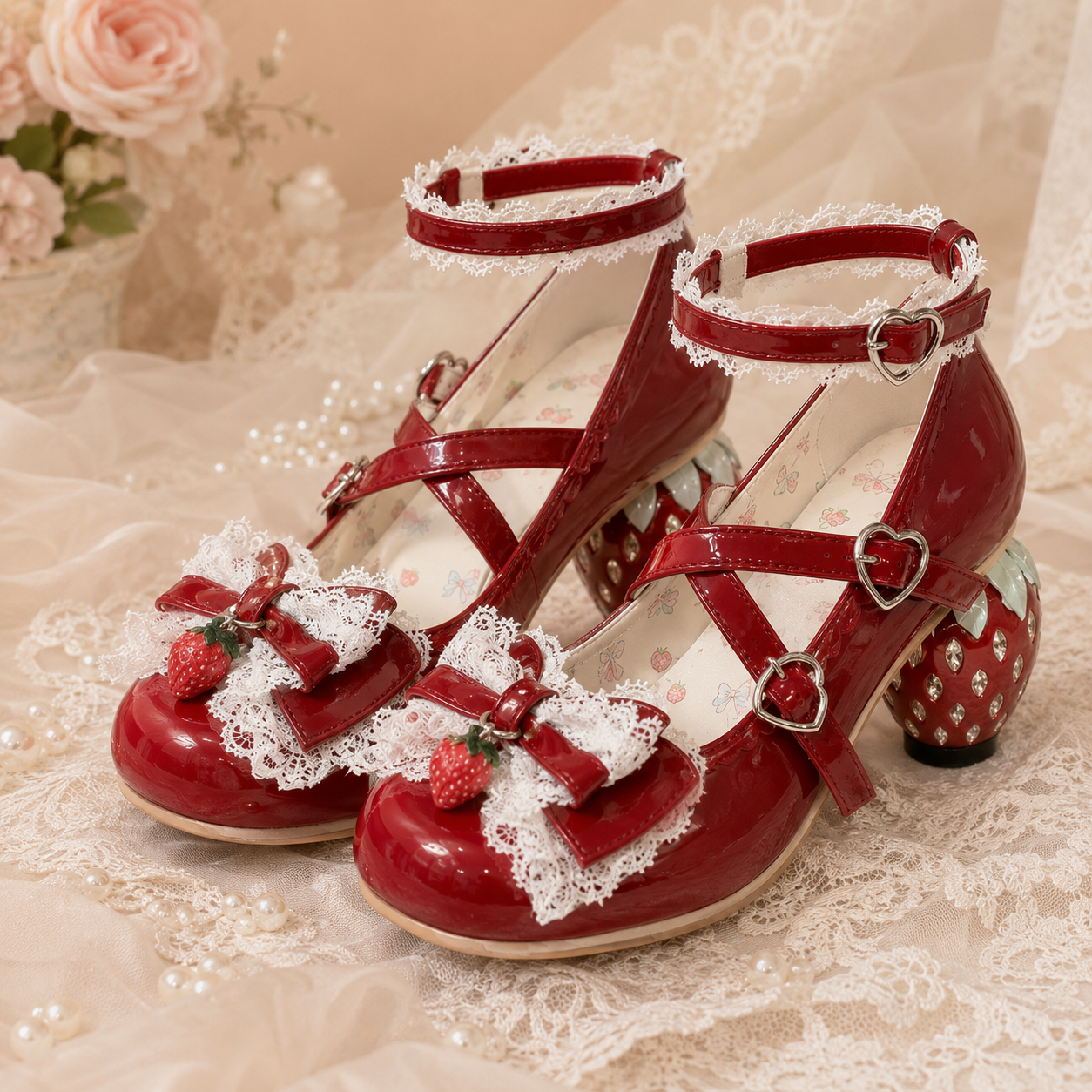The Strawberry Secret | Crystal Berry-Heel Criss-Cross Mary Janes