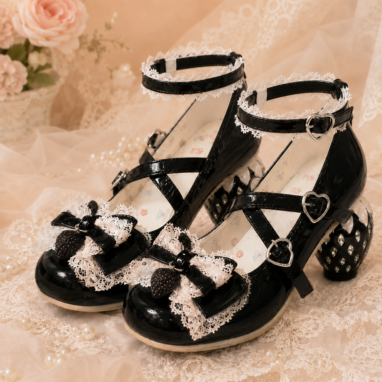 The Strawberry Secret | Crystal Berry-Heel Criss-Cross Mary Janes