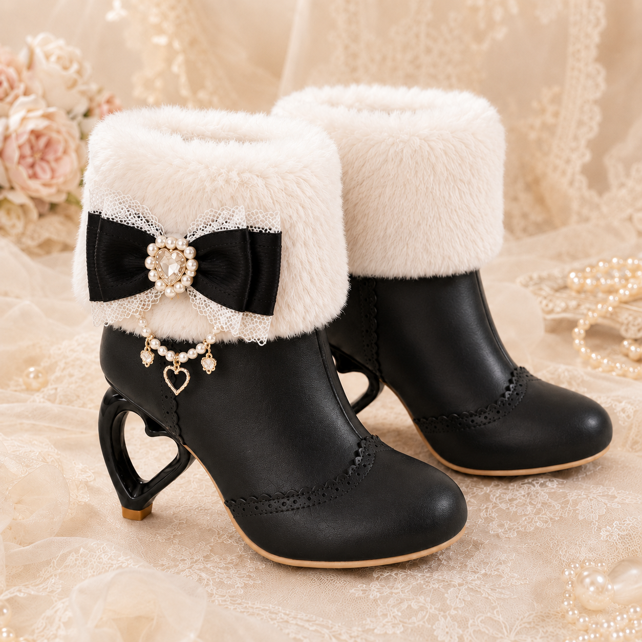 Pure Dream | Heart Heel Fluffy Bow Ankle Boots