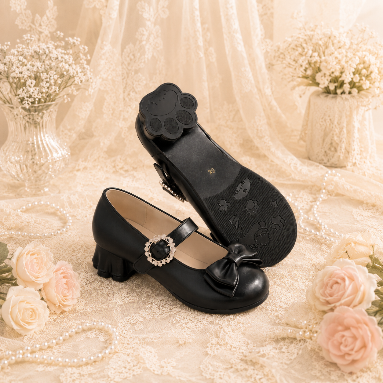 Velvet Paw | Cat-Heel Scalloped Mary Janes