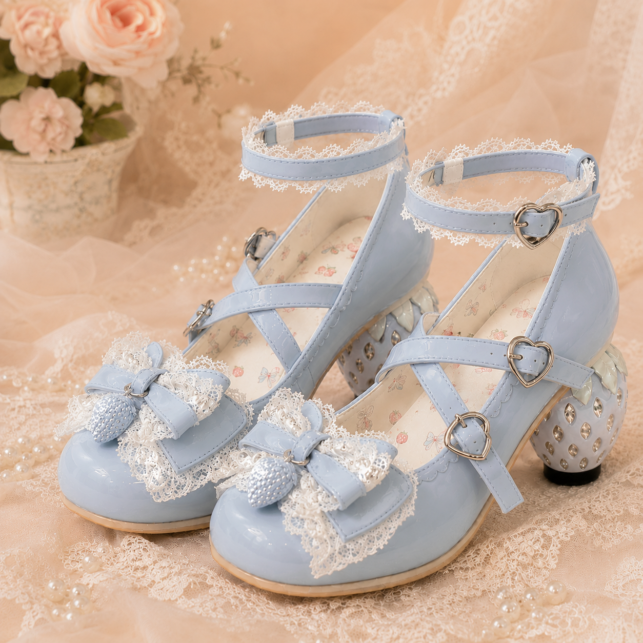 The Strawberry Secret | Crystal Berry-Heel Criss-Cross Mary Janes