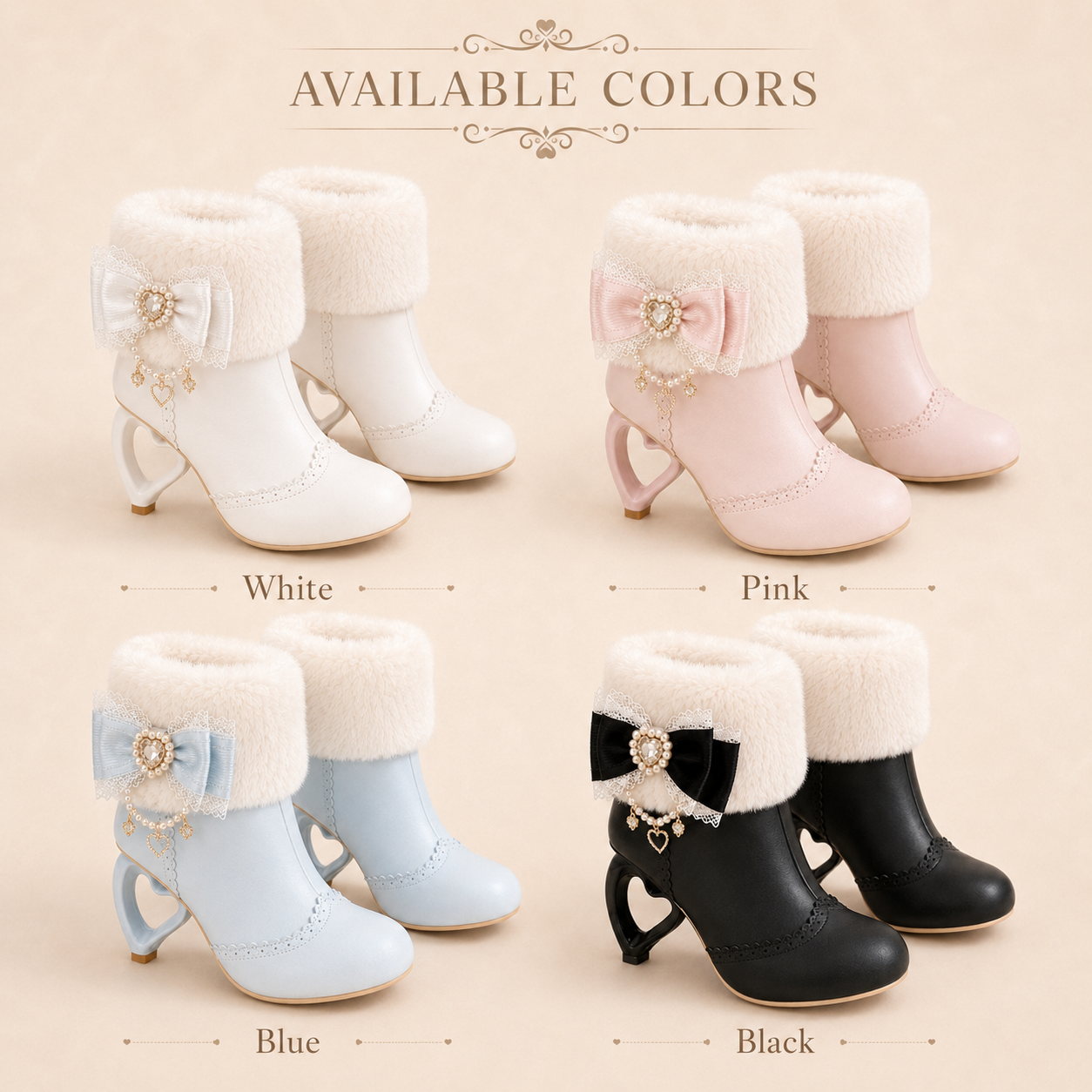 Pure Dream | Heart Heel Fluffy Bow Ankle Boots