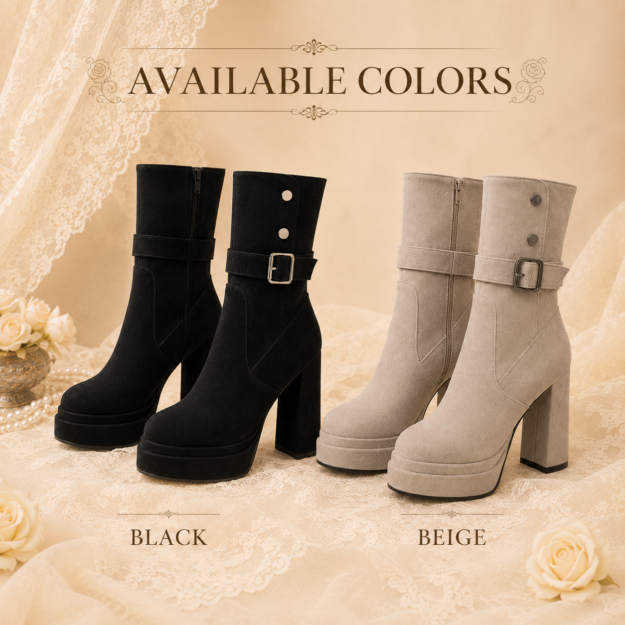 Midnight Rebel | Buckle-Strap Platform Suede Boots（Leg warmers not included）