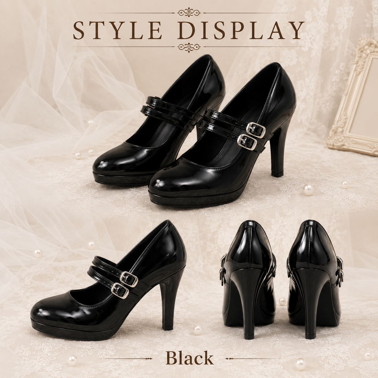 Dark Diva | Patent Double-Strap High Heel Pumps