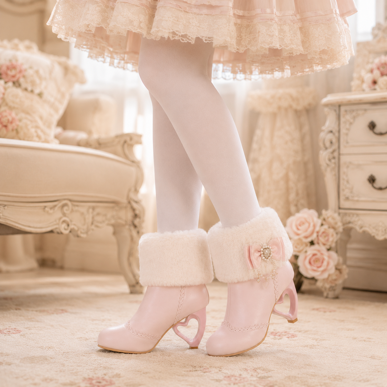 Pure Dream | Heart Heel Fluffy Bow Ankle Boots