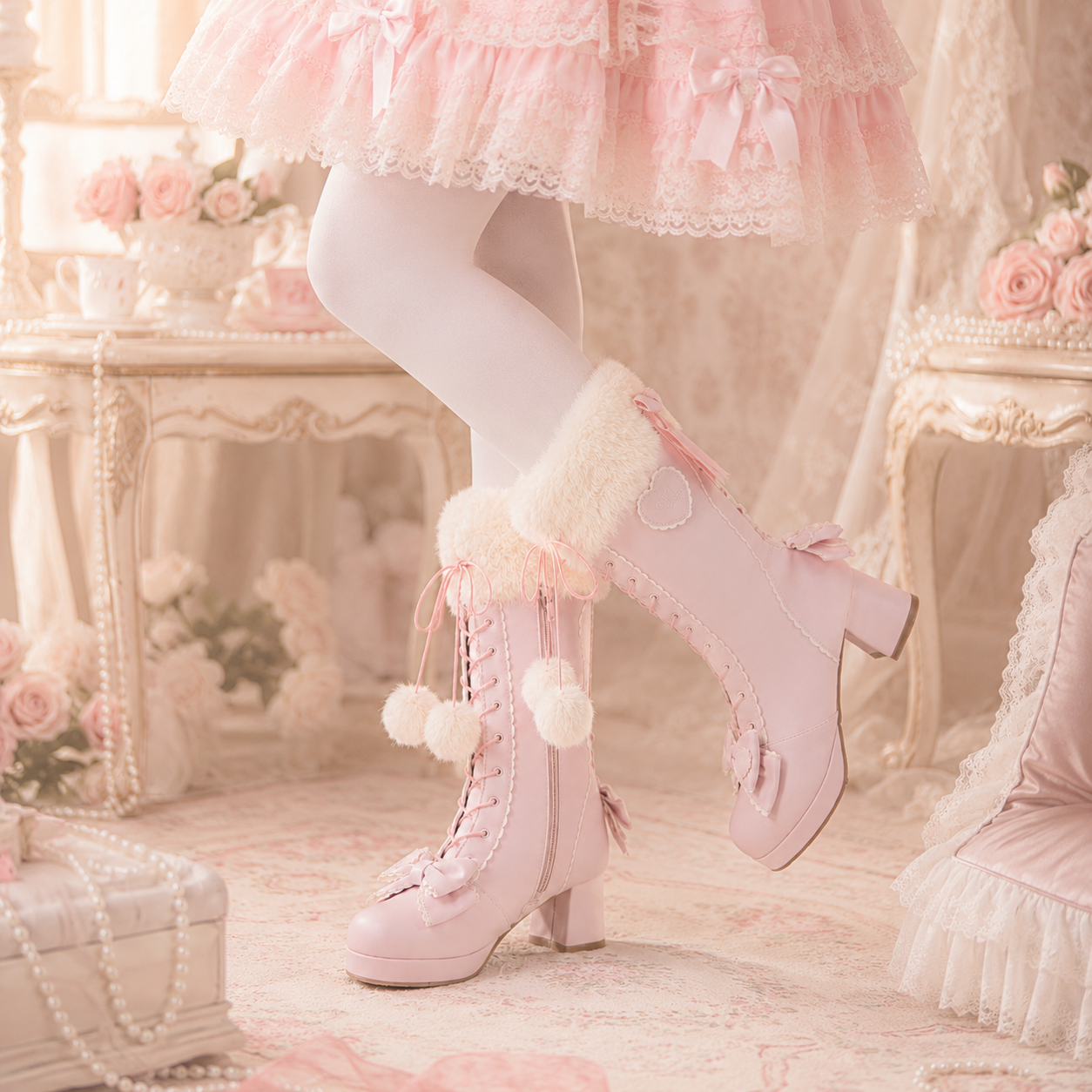 Frost Fairy | Fur-Top Knee-High Lace-Up Boots
