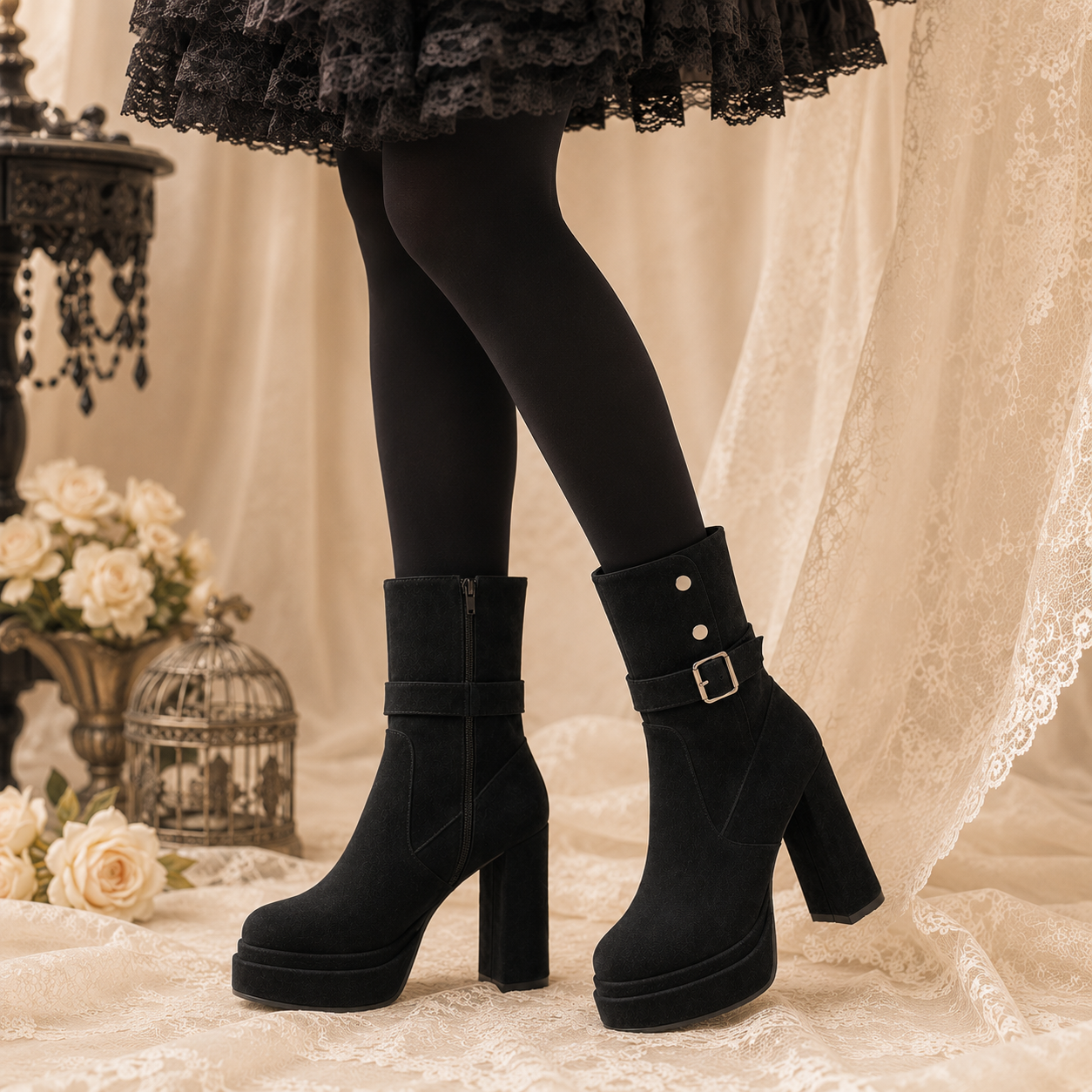 Midnight Rebel | Buckle-Strap Platform Suede Boots（Leg warmers not included）