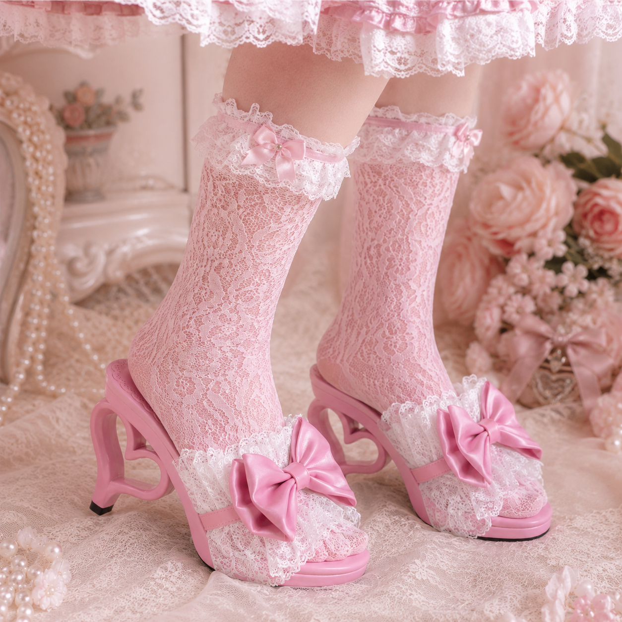 Cupid's Kiss | Heart-Heel Lace Bow Mules