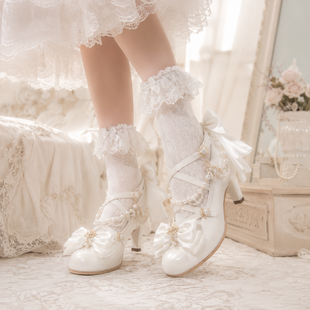 Royal Tea Party | Pearl Chain Cross-Strap Heels