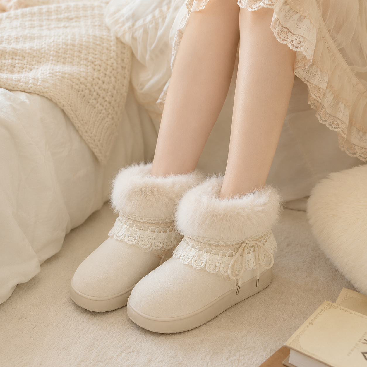 Cozy Cottage | Lace-Trim Fluffy Snow Boots