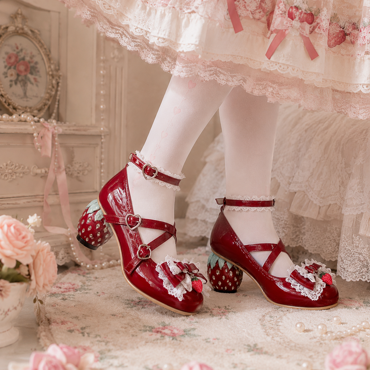 The Strawberry Secret | Crystal Berry-Heel Criss-Cross Mary Janes