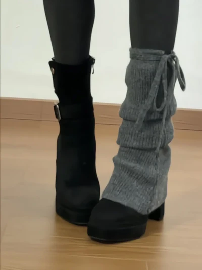 Midnight Rebel | Buckle-Strap Platform Suede Boots（Leg warmers not included）