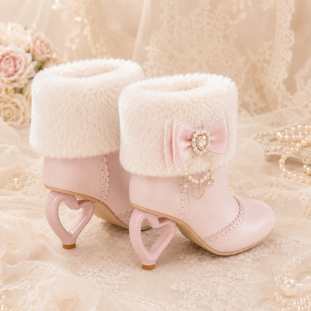 Pure Dream | Heart Heel Fluffy Bow Ankle Boots
