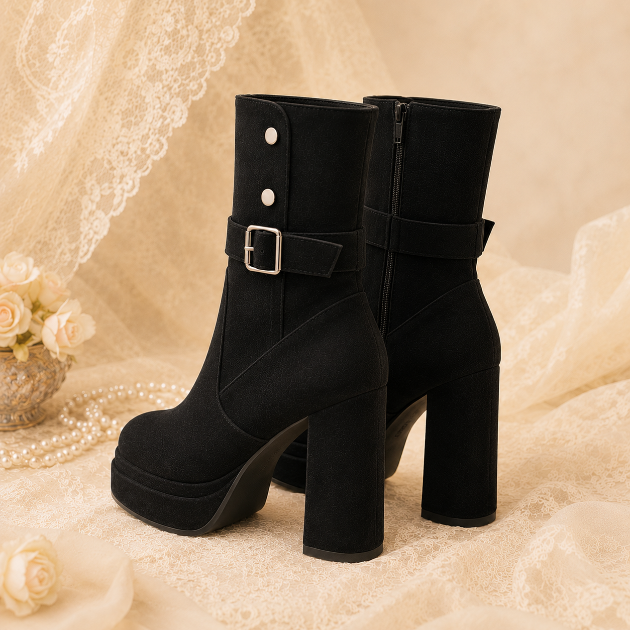 Midnight Rebel | Buckle-Strap Platform Suede Boots（Leg warmers not included）