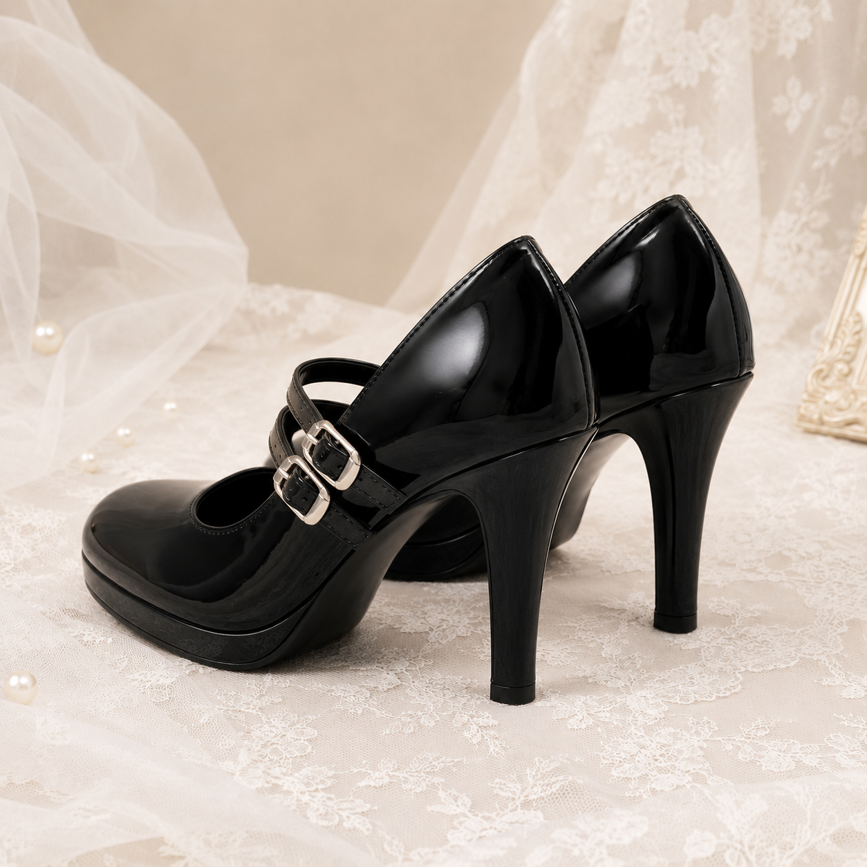 Dark Diva | Patent Double-Strap High Heel Pumps