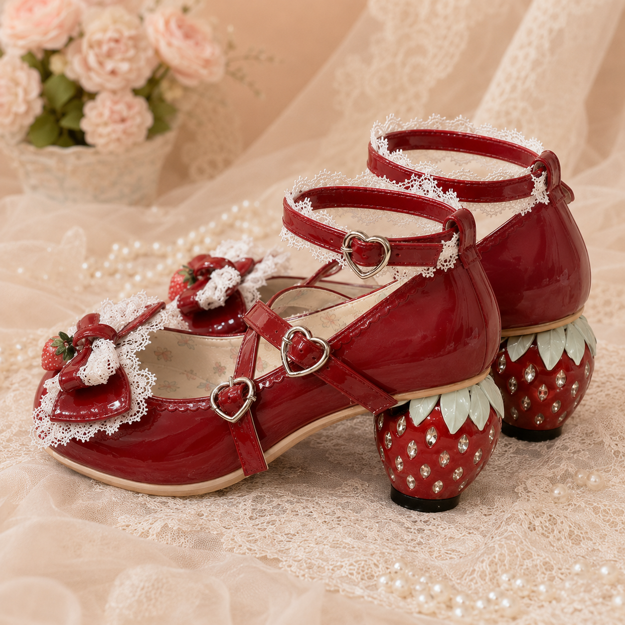 The Strawberry Secret | Crystal Berry-Heel Criss-Cross Mary Janes