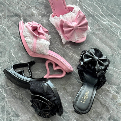 Cupid's Kiss | Heart-Heel Lace Bow Mules