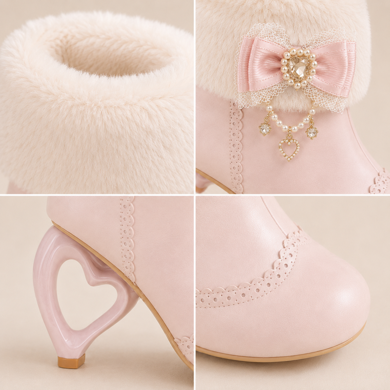 Pure Dream | Heart Heel Fluffy Bow Ankle Boots