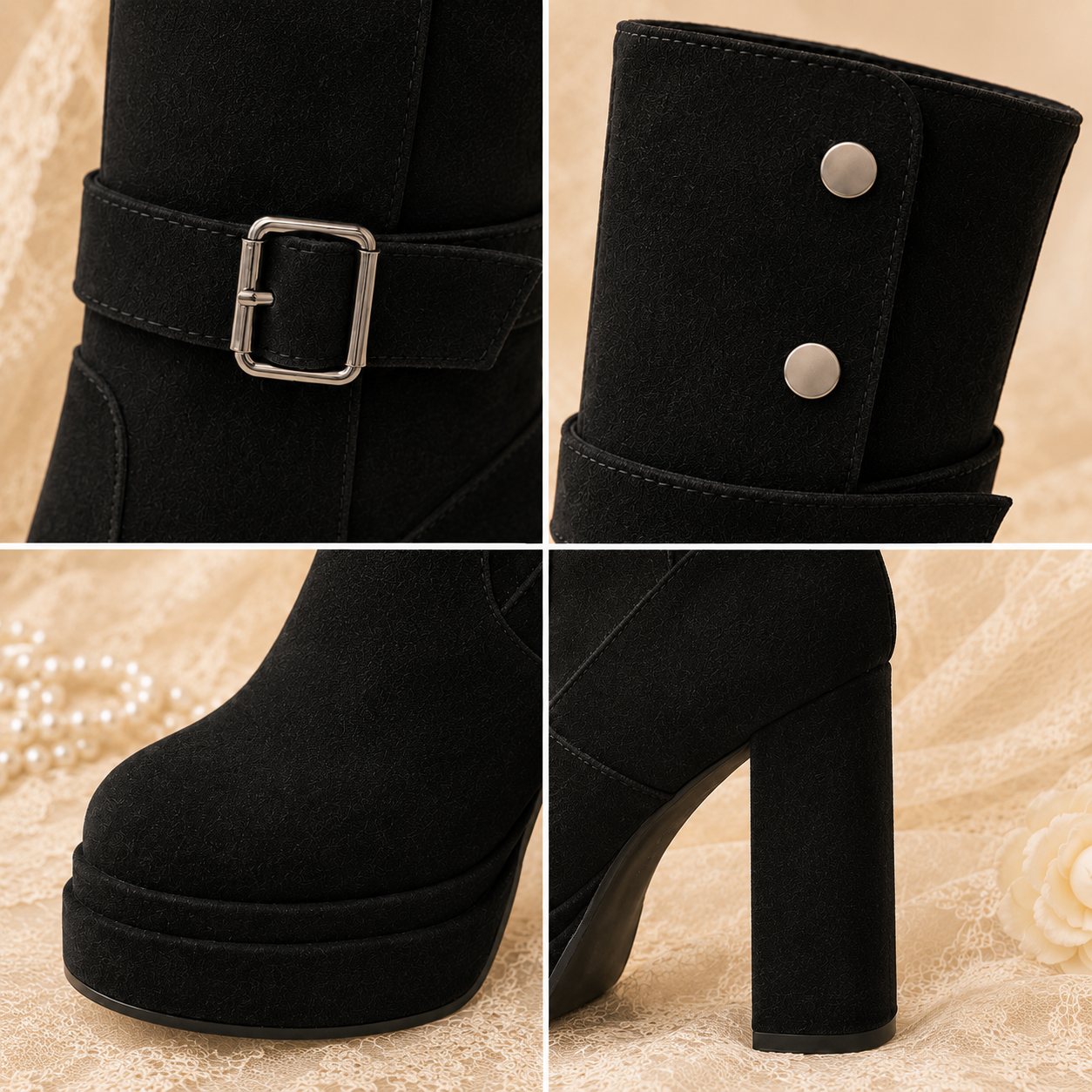Midnight Rebel | Buckle-Strap Platform Suede Boots（Leg warmers not included）