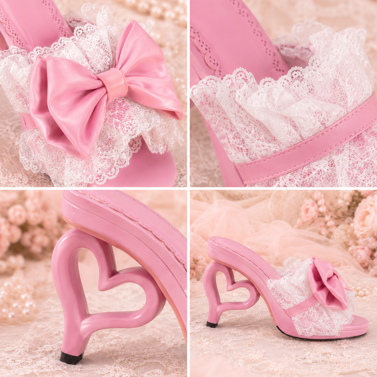 Cupid's Kiss | Heart-Heel Lace Bow Mules