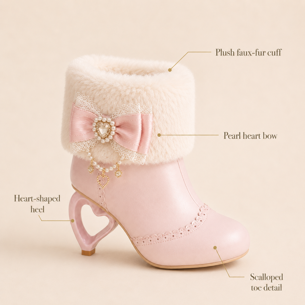 Pure Dream | Heart Heel Fluffy Bow Ankle Boots