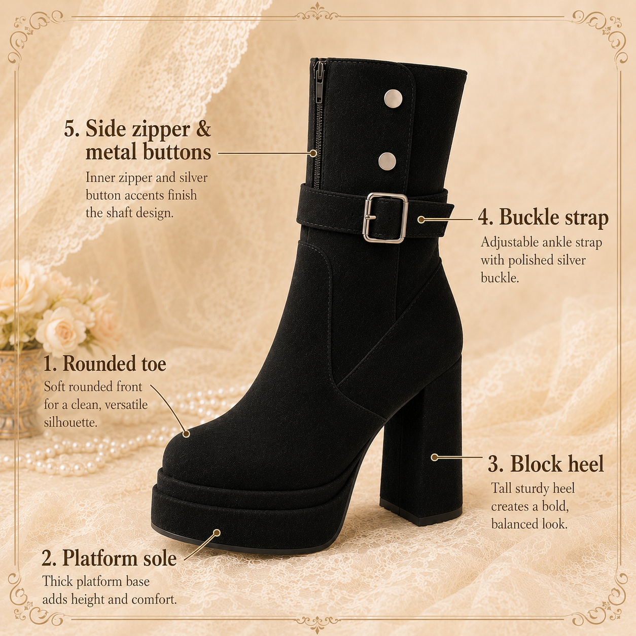 Midnight Rebel | Buckle-Strap Platform Suede Boots（Leg warmers not included）