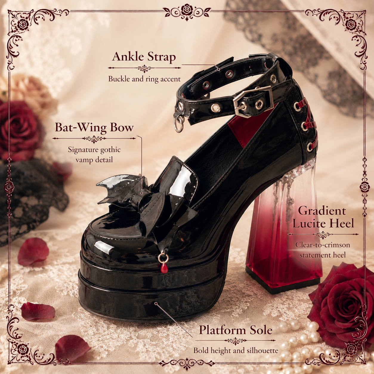 Vampire’s Kiss | Bat-Wing Crystal Platform Heels