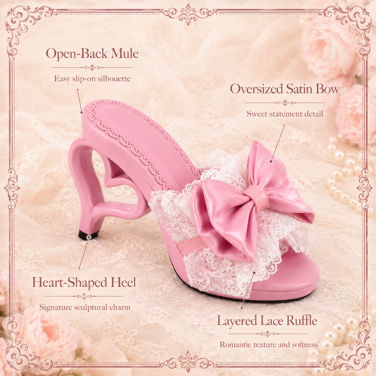 Cupid's Kiss | Heart-Heel Lace Bow Mules