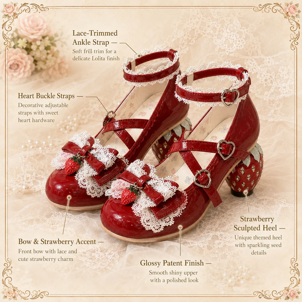The Strawberry Secret | Crystal Berry-Heel Criss-Cross Mary Janes