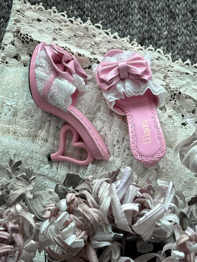 Cupid's Kiss | Heart-Heel Lace Bow Mules