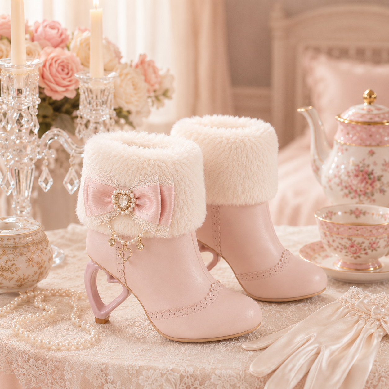 Pure Dream | Heart Heel Fluffy Bow Ankle Boots