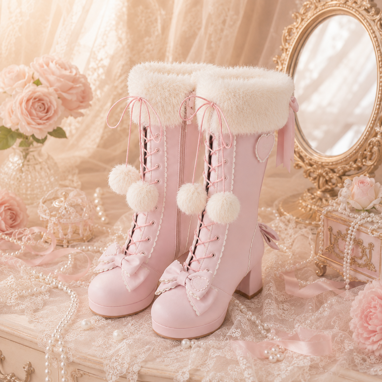 Frost Fairy | Fur-Top Knee-High Lace-Up Boots