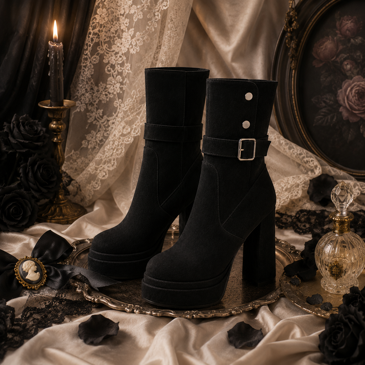 Midnight Rebel | Buckle-Strap Platform Suede Boots（Leg warmers not included）