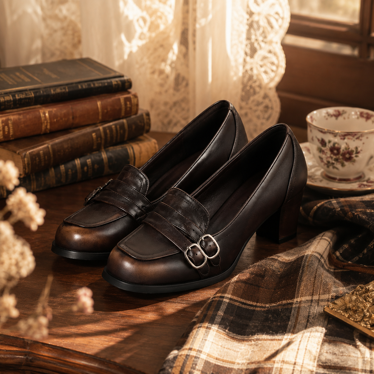 Vintage Librarian | Burnished Double-Buckle Heels