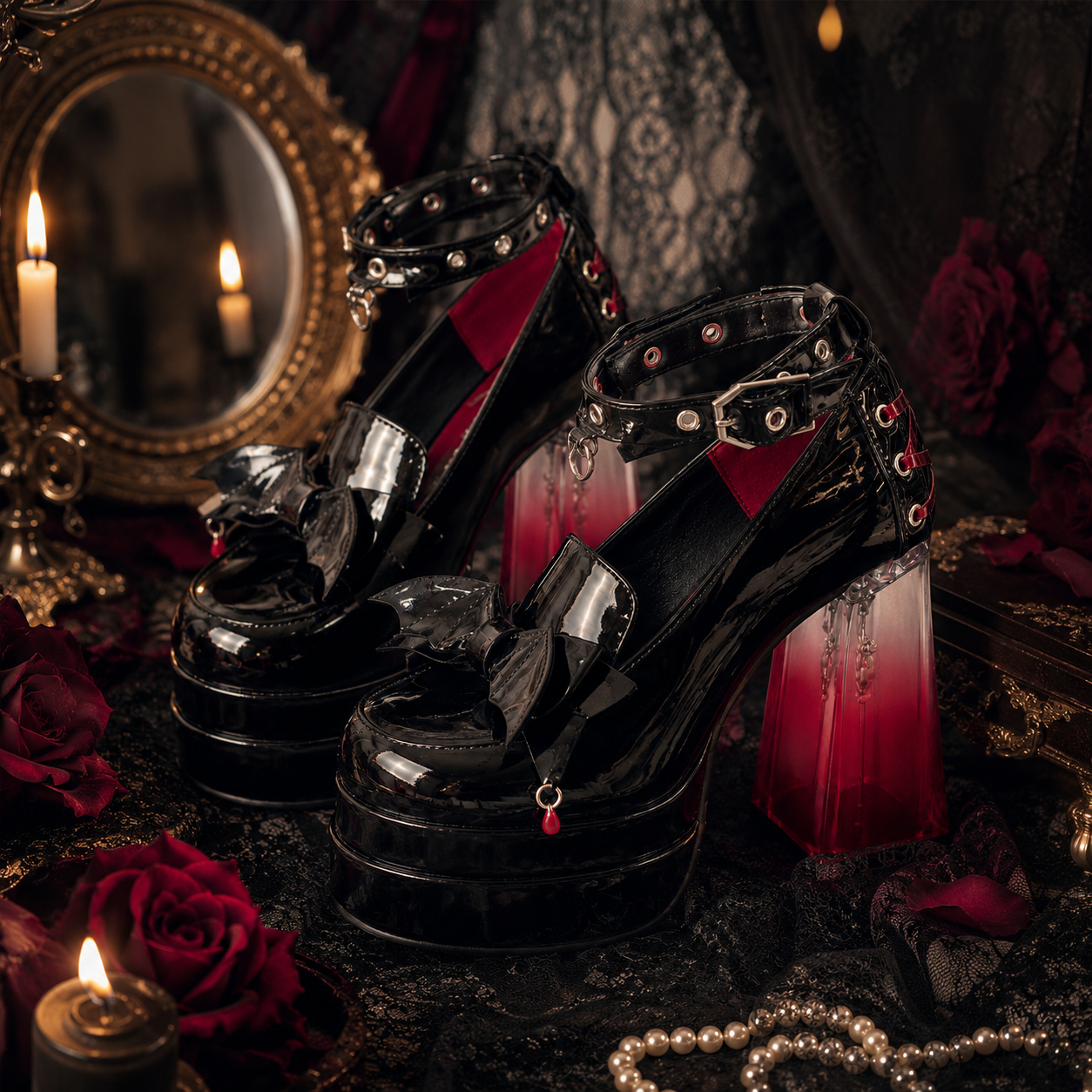 Vampire’s Kiss | Bat-Wing Crystal Platform Heels