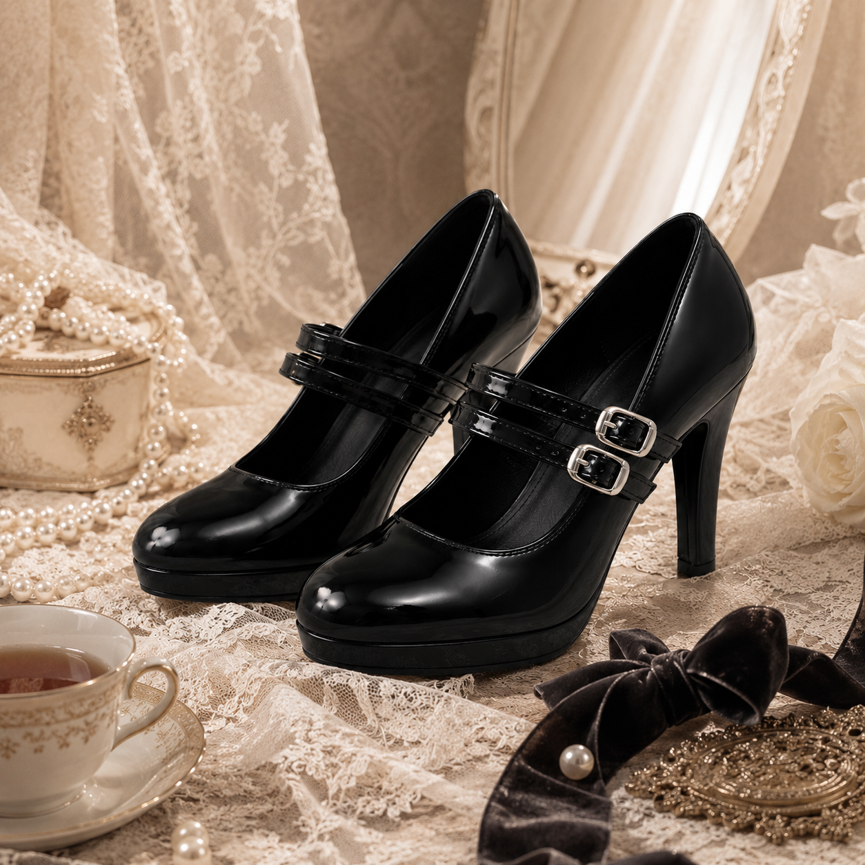 Dark Diva | Patent Double-Strap High Heel Pumps