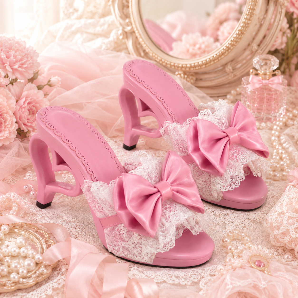 Cupid's Kiss | Heart-Heel Lace Bow Mules