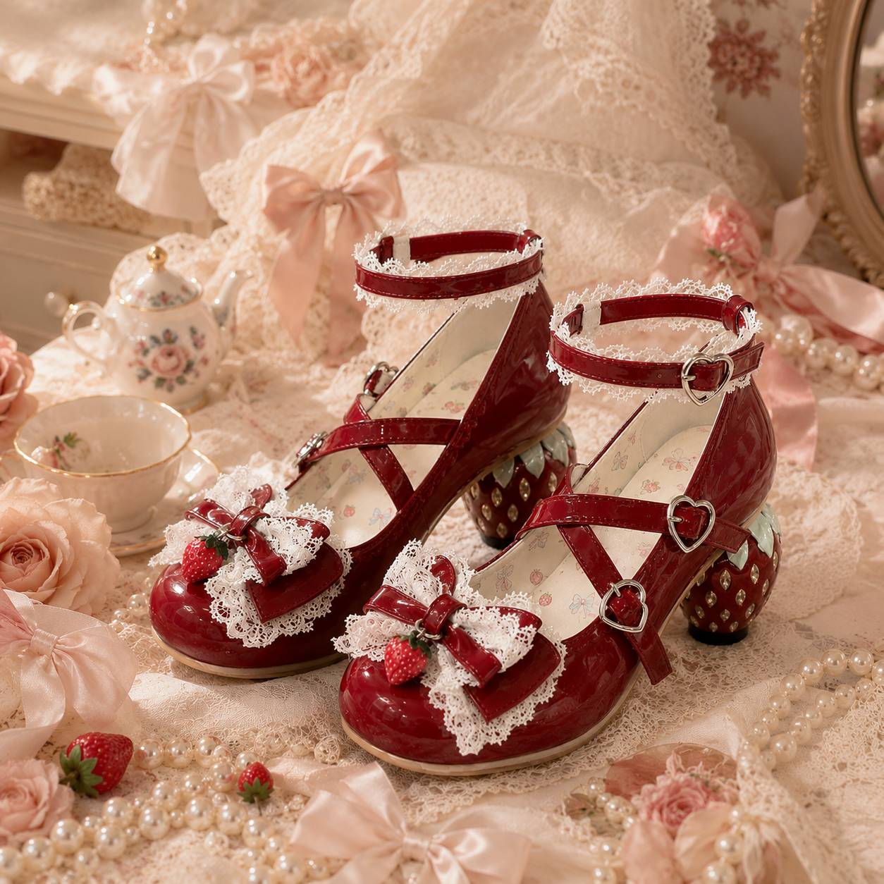 The Strawberry Secret | Crystal Berry-Heel Criss-Cross Mary Janes