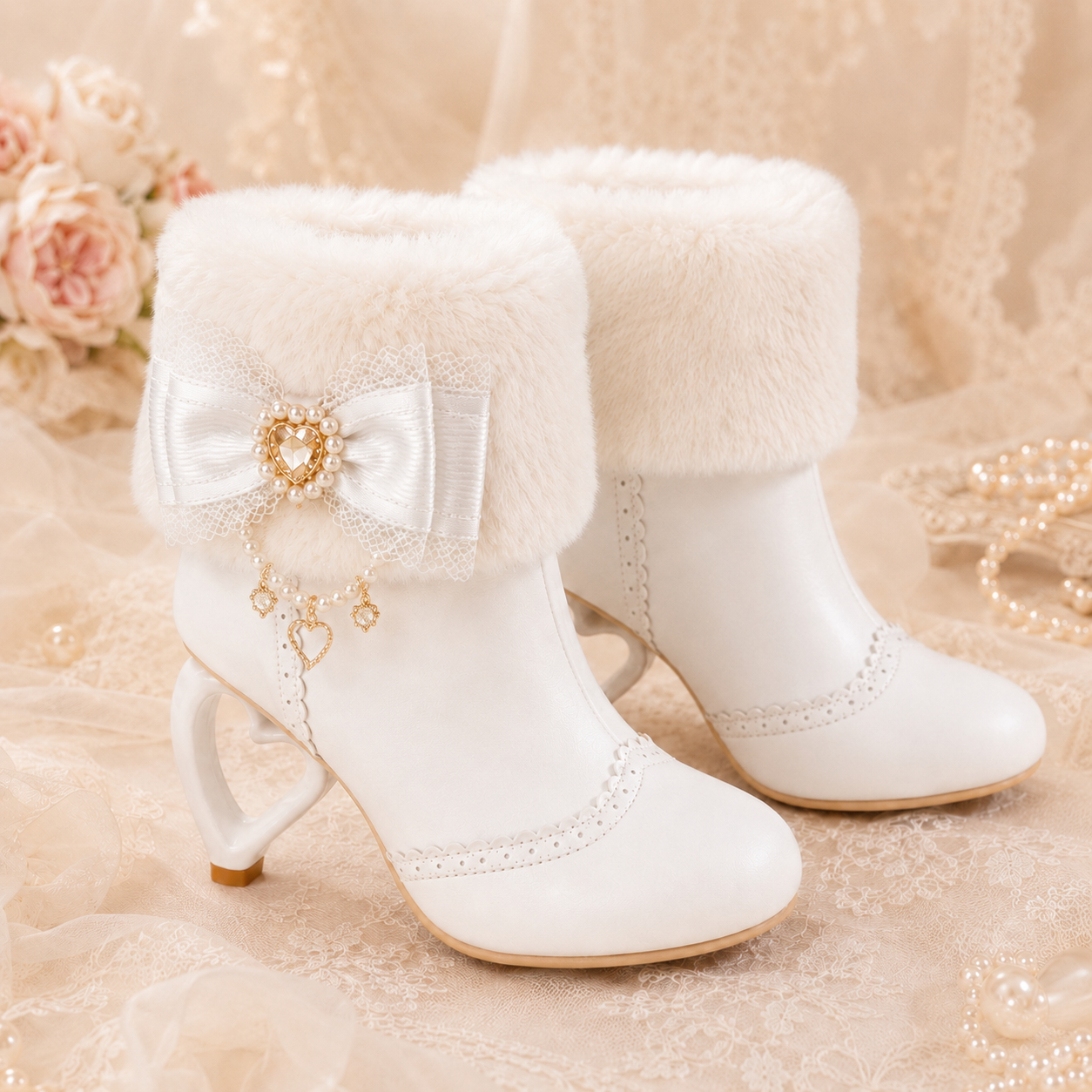 Pure Dream | Heart Heel Fluffy Bow Ankle Boots