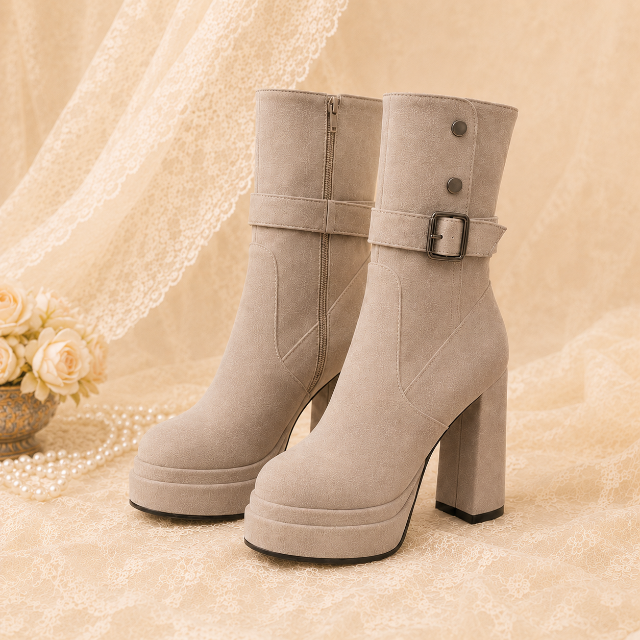 Midnight Rebel | Buckle-Strap Platform Suede Boots（Leg warmers not included）