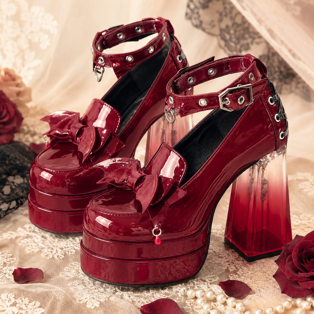 Vampire’s Kiss | Bat-Wing Crystal Platform Heels