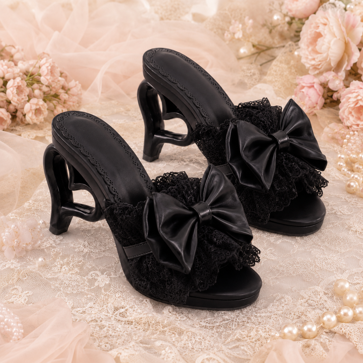 Cupid's Kiss | Heart-Heel Lace Bow Mules