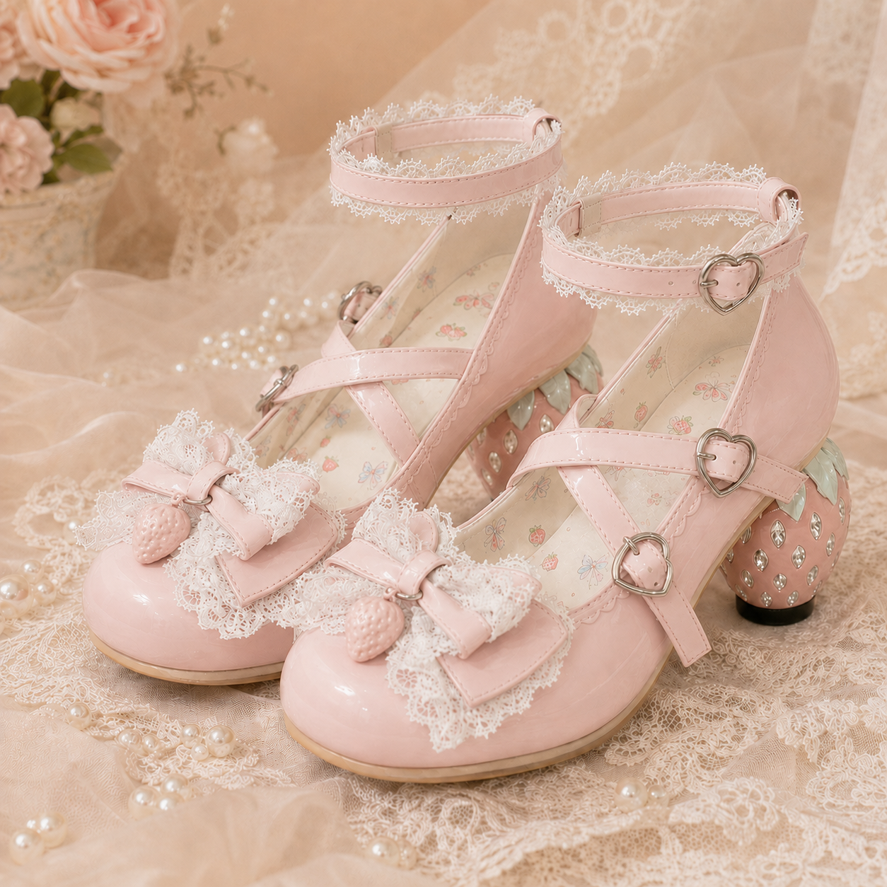 The Strawberry Secret | Crystal Berry-Heel Criss-Cross Mary Janes